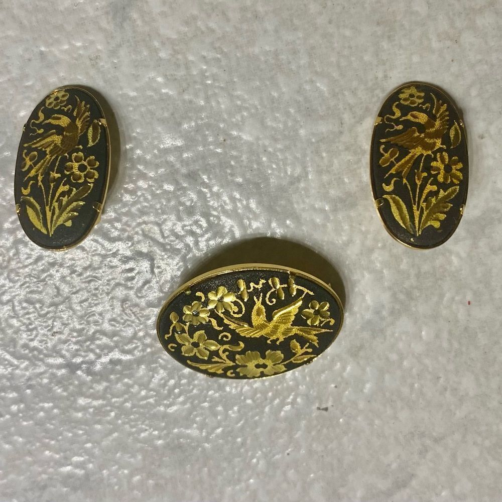 Vintage Damascene Earrings & Brooch